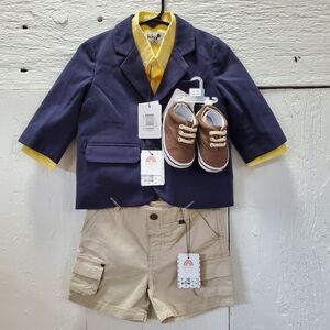 Kids Navy Sports Jacket Yellow Button Up Onsie Khaki Cargo Shorts Brown Shoes.